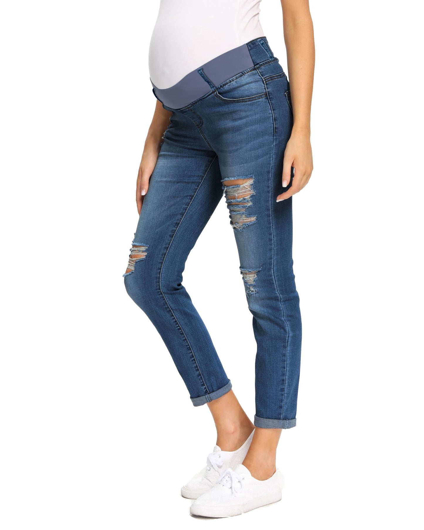 Foucome Women's Maternity Jeans Stretch Ripped Boyfriend Jeans Pregnancy Denim Pants with Pockets
