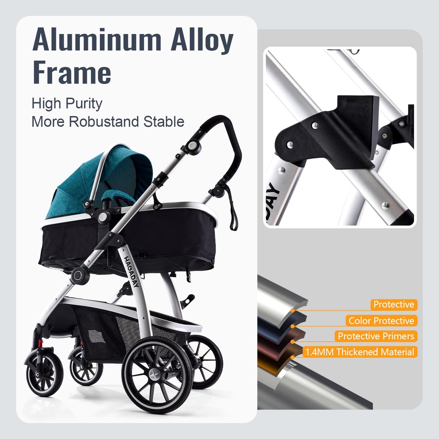 Hagaday Baby Stroller, 2-in-1 Reversible Toddler Seat with Bassinet Mode, Foldable Infant Stroller with Canopy, One Button Brake, Adjustable Handle, Newborn Pushchair(Blue)