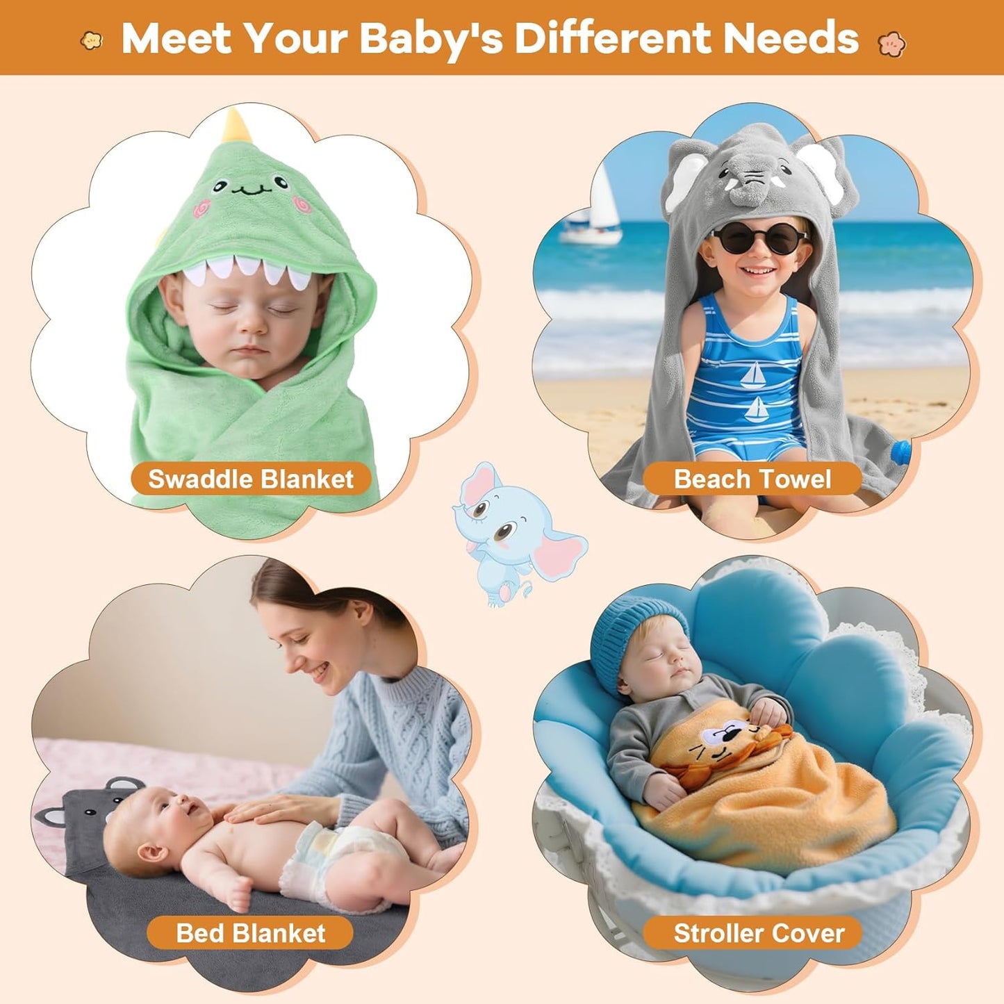 12 PCS Baby Bath Towels Set for Infants Toddlers, 4 PCS Animal Hooded Baby Towels & 8 PCS Washcloths Set, Ultra Absorbent Cute Soft Newborn Bath Essentials Gifts for Boys & Girls