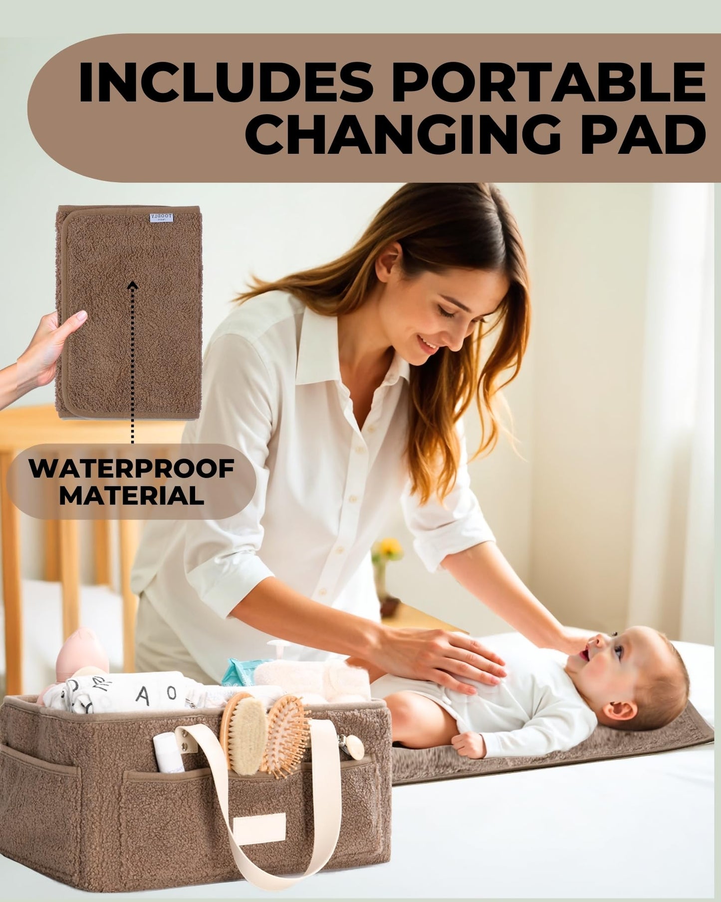 Baby Diaper Caddy Organizer with Portable Changing Mat - Teddy Fleece Diaper Organizer for Changing Table - Basket for Changing Essentials - Baby Essentials Organizer with Removable Dividers