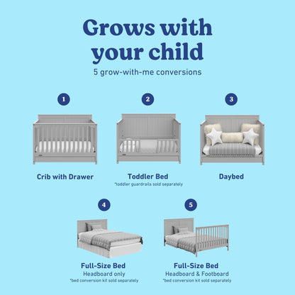Graco Hadley 5-in-1 Convertible Crib & Changer – GREENGUARD Gold Certified, Fits Standard Crib Mattress, Converts to Toddler Bed and Full Bed, 4 Adjustable Mattress Heights (Pebble Gray)