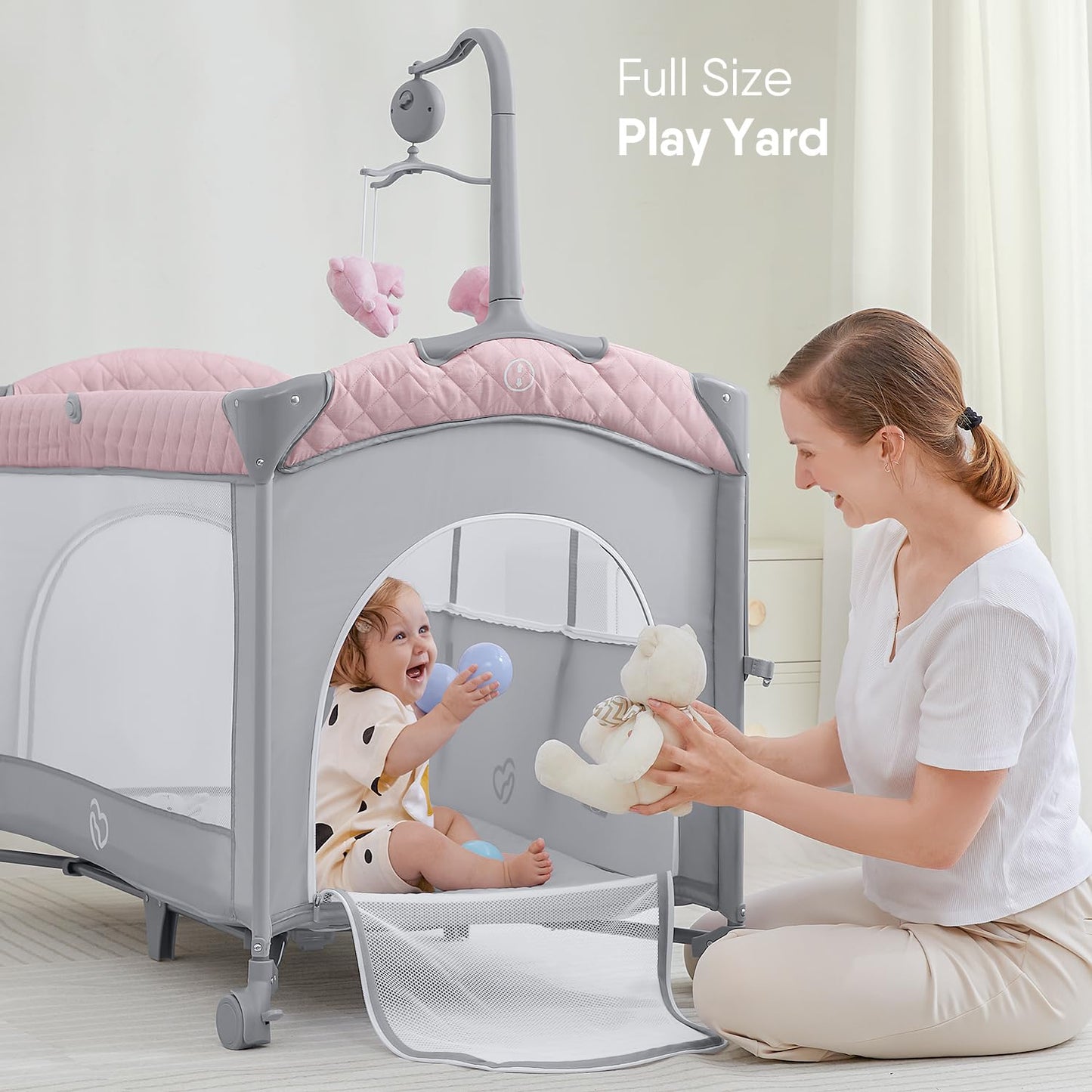 ADOVEL Baby Bassinet Bedside Crib, Pack and Play with Mattress, Diaper Changer and Playards from Newborn to Toddles, Grey