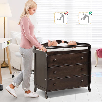 Costzon 3-Drawer Changing Table, Infant Diaper Changing Station with Drawers, Safety Rails & Strap, Baby Changing Table Dresser for Nursery, Easy Assembly (Brown)