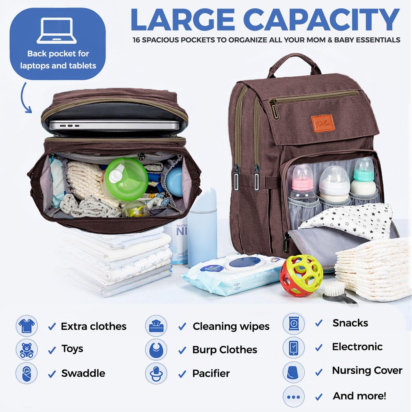 PILLANI Baby Diaper Bag Backpack - Baby Bag for Girls & Boys, Large Waterproof Toddler Diaper Backpack - Baby Shower Gifts & Registry Must Haves - Travel Diaper Bags with Changing Pad - Newborn Stuff