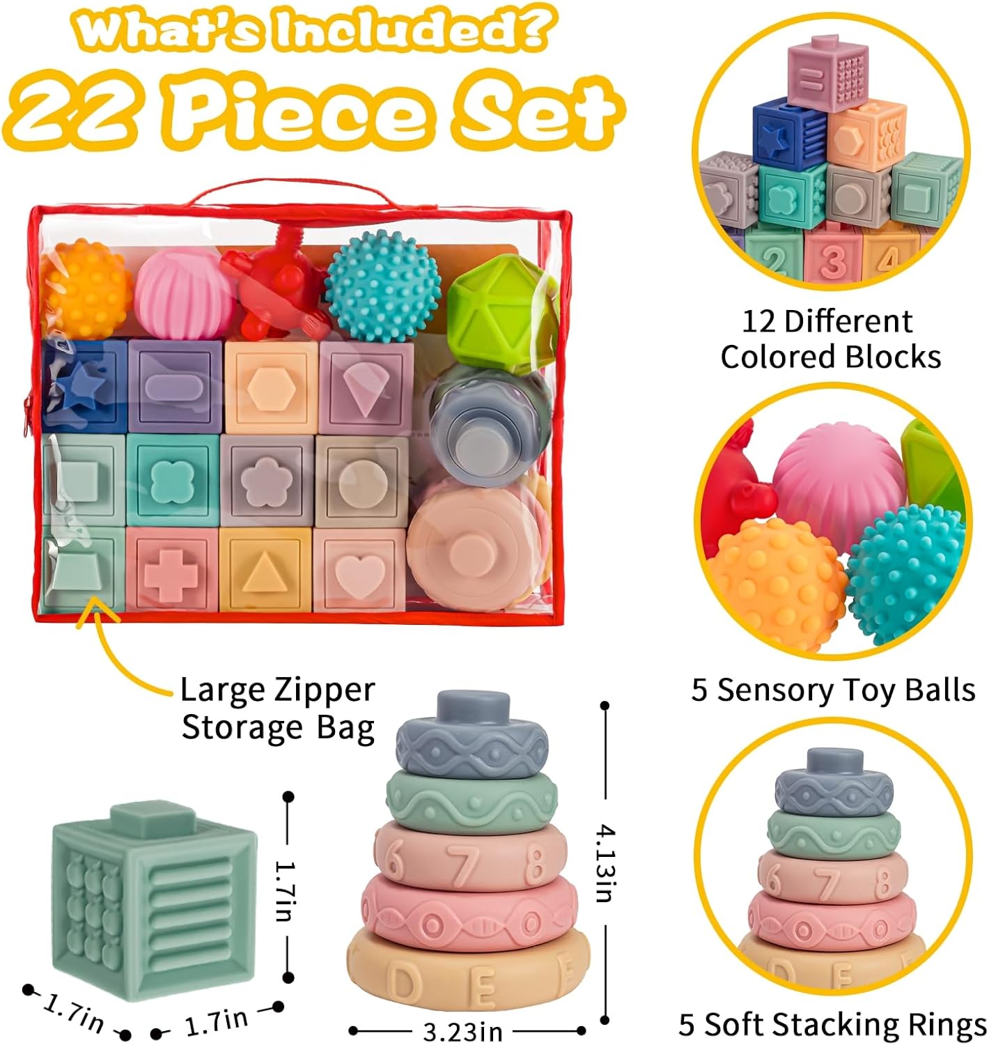 SpringFlower 3 in 1 Montessori Toys for Babies 0-3-6-12 Months, Soft Baby Teething, Stacking Building Blocks for Infants, Sensory Developmental Education Toys for Toddler Baby 12-18 Months,22 PCS