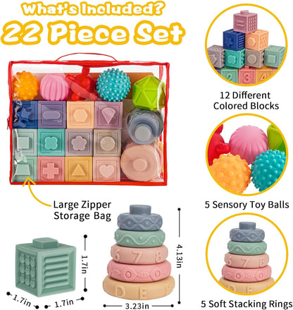 SpringFlower 3 in 1 Montessori Toys for Babies 0-3-6-12 Months, Soft Baby Teething, Stacking Building Blocks for Infants, Sensory Developmental Education Toys for Toddler Baby 12-18 Months,22 PCS