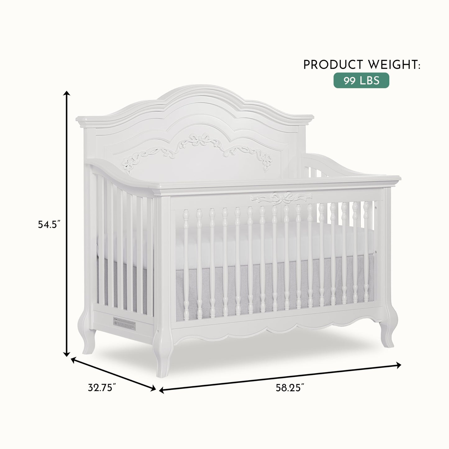 Evolur Aurora 5-in-1 Convertible Full-Size Baby Crib in Ivory Lace, GreenGuard Gold & JPMA, 3 Mattress HeightsRibbon Bow Scrollwork & Queen Anne Feet, Converts to Toddler, Day & Full-Size Bed