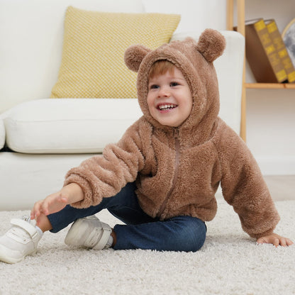 Newborn Infant Baby Boys Girls Cartoon Fleece Hooded Jacket Coat with Ears Warm Todder Kids Outwear Coat Zipper Up 0-6Y