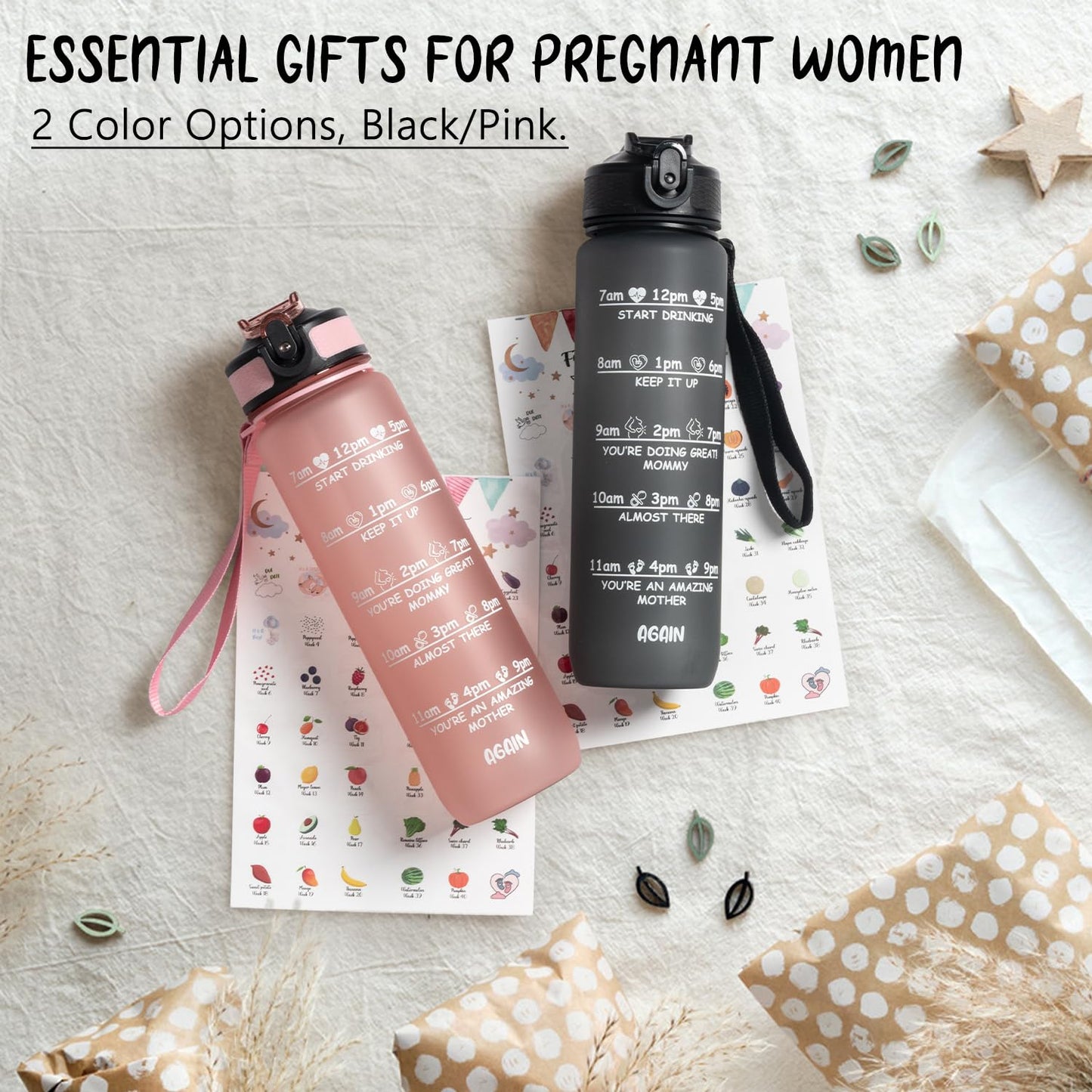 Pregnancy Water Bottle Tracker(Black), 1st Trimester Must Haves Gift for First Time Moms, with 2 Different Weekly Stickers, Early Essentials Gifts for Pregnant Women, Maternity, BPA Free