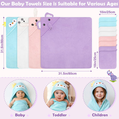 12 PCS Baby Bath Towels Set for Infants Toddlers, 4 PCS Animal Hooded Baby Towels & 8 PCS Washcloths Set, Ultra Absorbent Cute Soft Newborn Bath Essentials Gifts for Boys & Girls