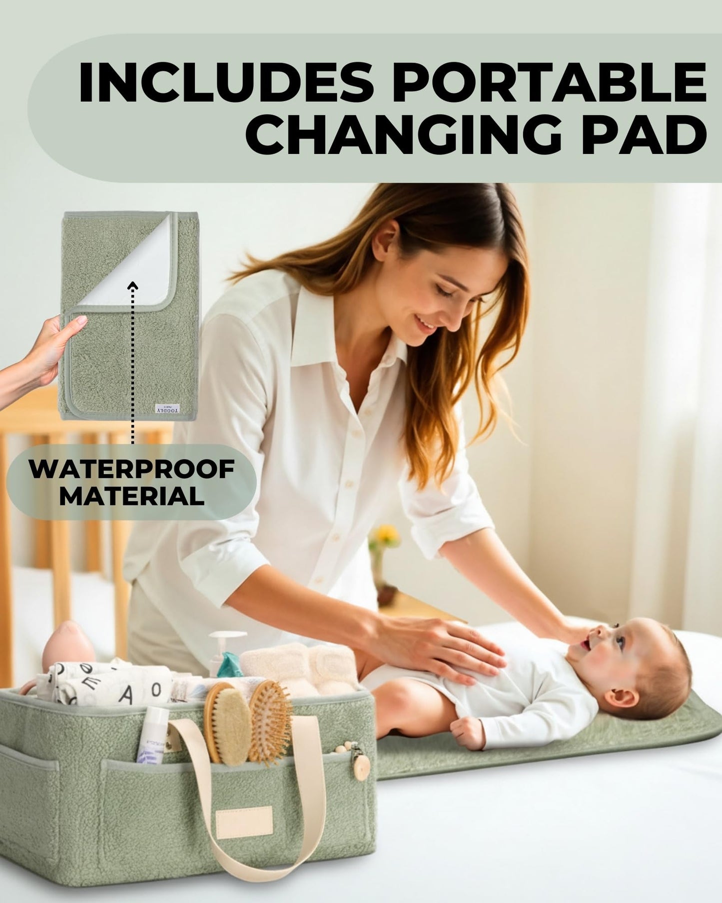 Baby Diaper Caddy Organizer with Portable Changing Mat - Teddy Fleece Diaper Organizer for Changing Table - Basket for Changing Essentials - Baby Essentials Organizer with Removable Dividers