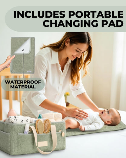 Baby Diaper Caddy Organizer with Portable Changing Mat - Teddy Fleece Diaper Organizer for Changing Table - Basket for Changing Essentials - Baby Essentials Organizer with Removable Dividers