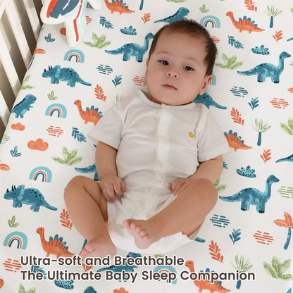 david's kids 3 Pack Fitted Crib Sheets, Ultra Soft Breathable Comfortable Baby Sheet Set for Boys Girls Neutral, 28x52 Inch Fits Standard Crib and Toddler Mattresses, Dinosaur