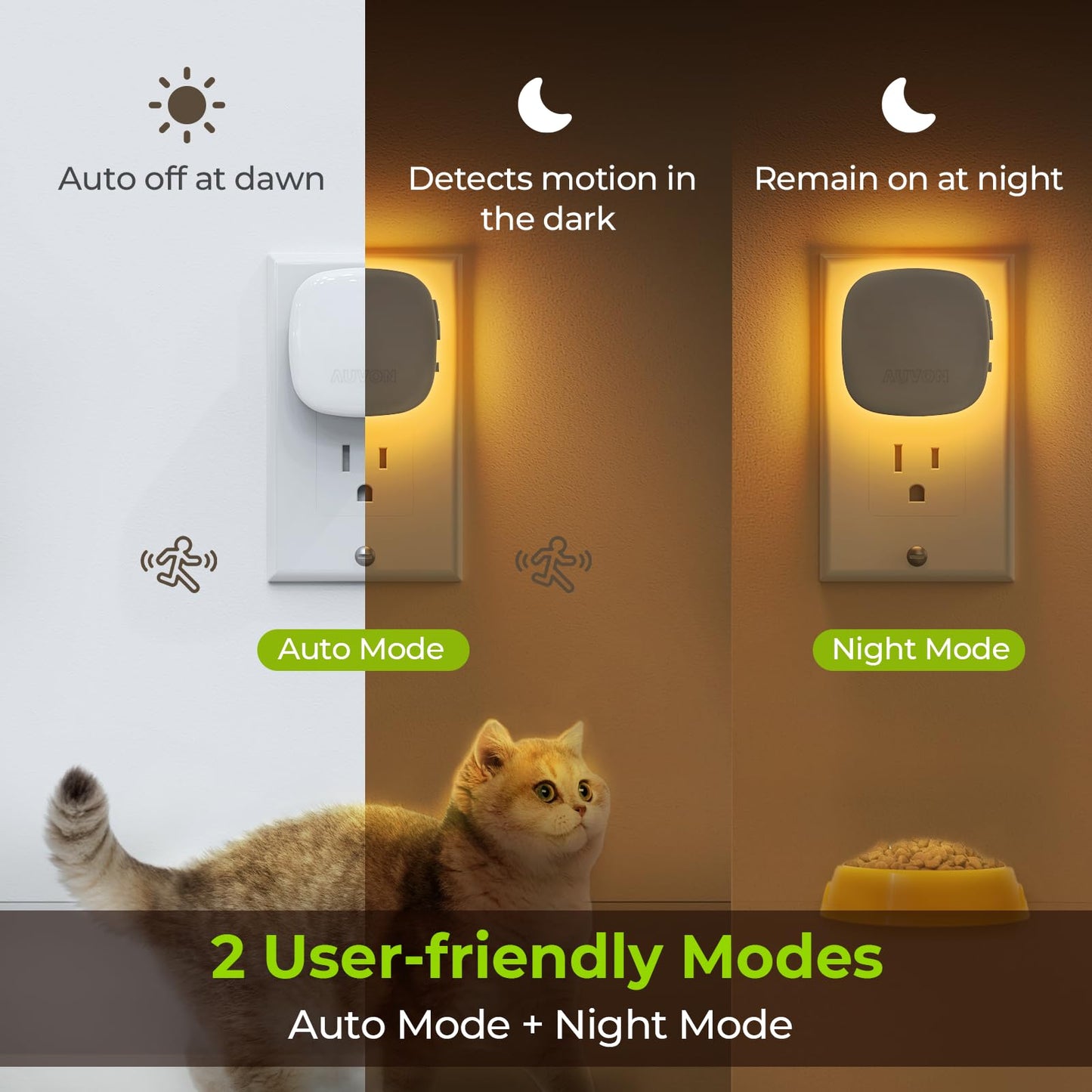 AUVON Plug-in LED Backlit Night Light with Motion Sensor & Dusk to Dawn Sensor, Dimmable Warm White Nightlight with 1-50 lm Adjustable Brightness for Bedroom, Bathroom, Stairs, Hallway (4 Pack)