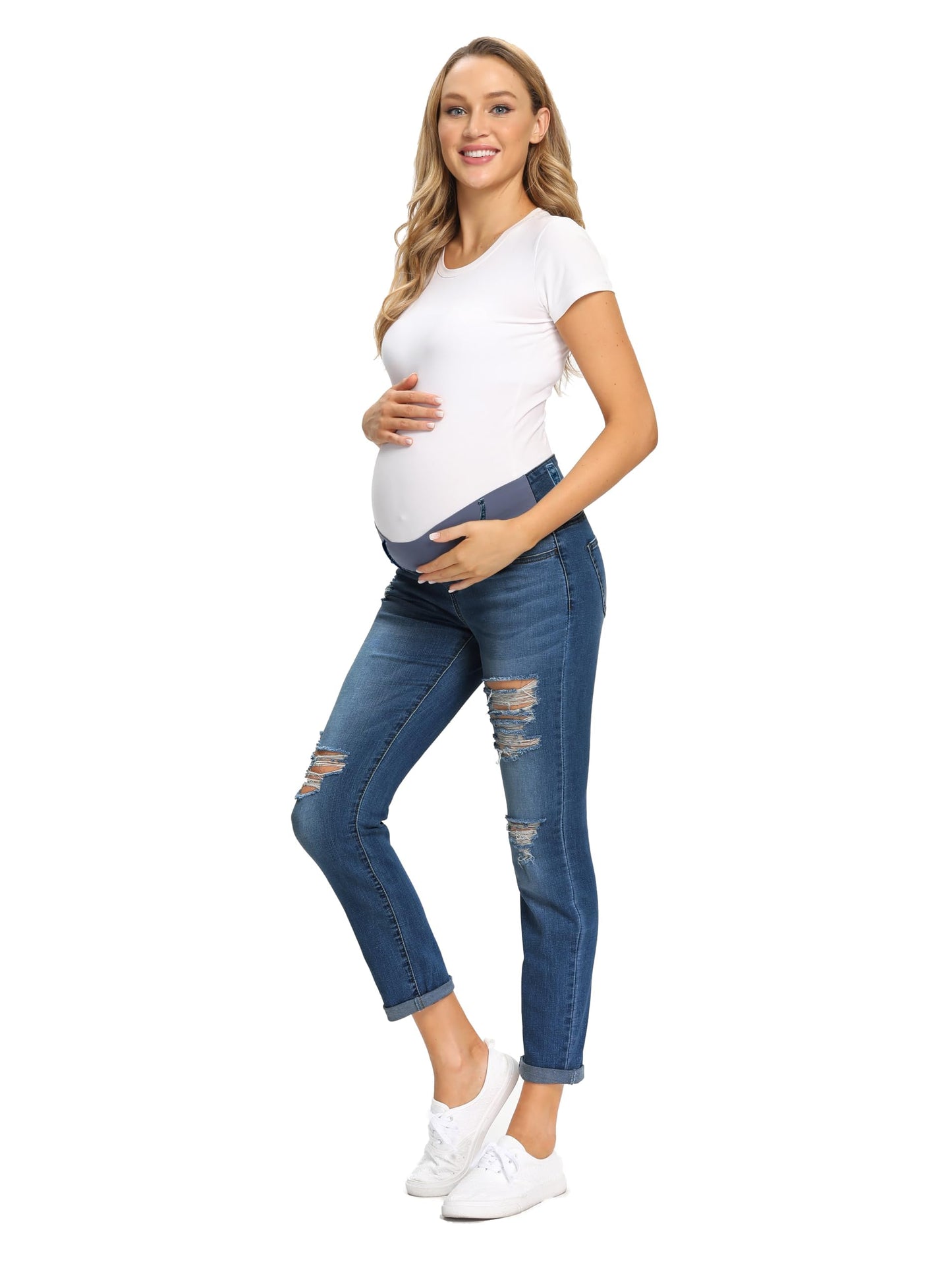 Foucome Women's Maternity Jeans Stretch Ripped Boyfriend Jeans Pregnancy Denim Pants with Pockets