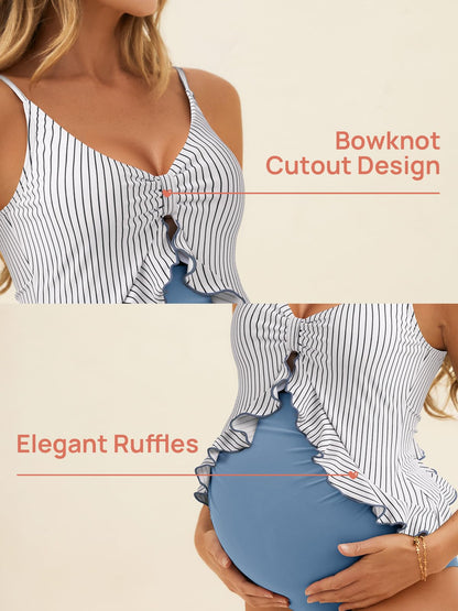 Summer Mae Maternity Swimsuit One Piece Ruffle Cutout Pregnancy Bathing Suit Lace Up Swimwear