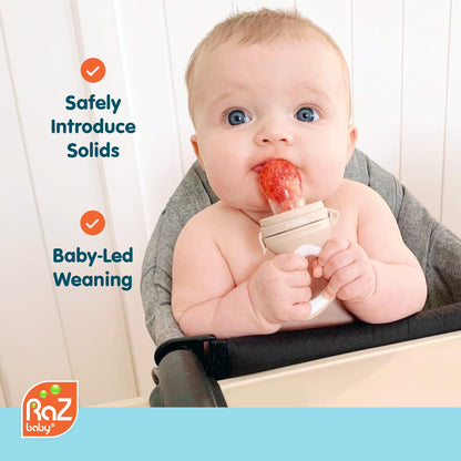 RaZbaby Baby Solids/Frozen Fruit Feeder Pacifier, Infant Teether Toy 6M+, BPA-Free, Safely Introduce Solids, Natural Teething Relief, Dishwasher Safe, Freezable – Blue & Orange 2-Pack