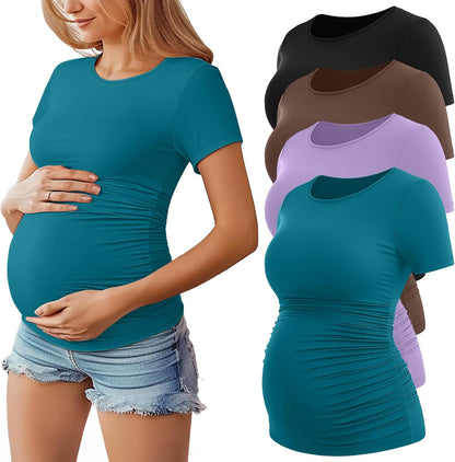 Huukeay 4 Pack Women's Maternity Shirts, Crew Neck Maternity Top Short Sleeve Casual Cotton Tee Side Ruched Pregnancy Clothes