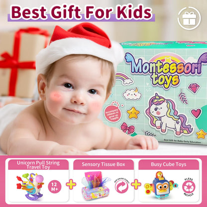 usrela 4 in 1 Baby Toys for 6 12 18 Month, Learning Toys for Babies 6-12 Months, Busy Cube, Stacking Sorter, Piano Xylophone Pull String Travel Toy, Birthday Gifts for Toddlers 1 2 Years Old