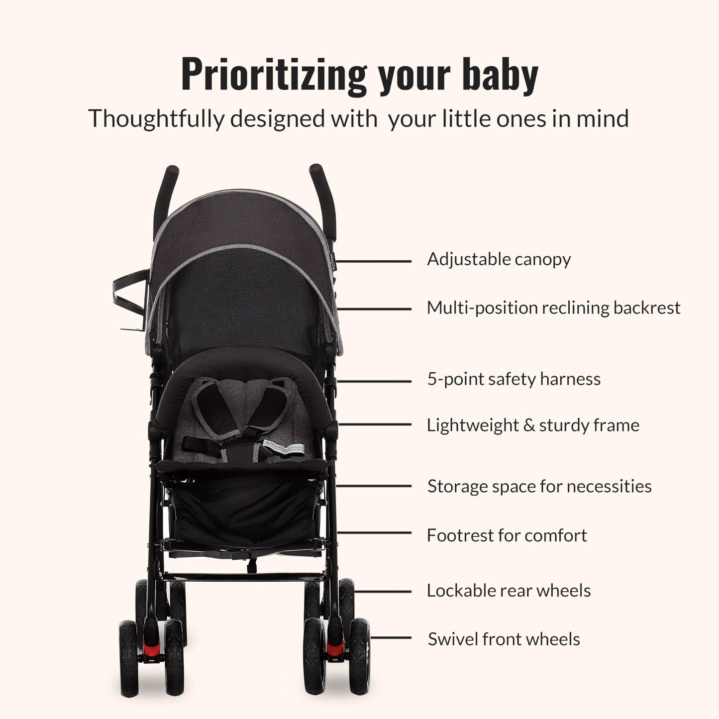 Dream On Me Vista Moonwalk Baby Stroller, Lightweight Travel Umbrella Stroller with Compact Fold, Smooth Ride Wheels, Multi-Position Recline, Spacious Storage Basket with Cup Holder, Light Gray