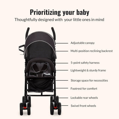 Dream On Me Vista Moonwalk Baby Stroller, Lightweight Travel Umbrella Stroller with Compact Fold, Smooth Ride Wheels, Multi-Position Recline, Spacious Storage Basket with Cup Holder, Light Gray