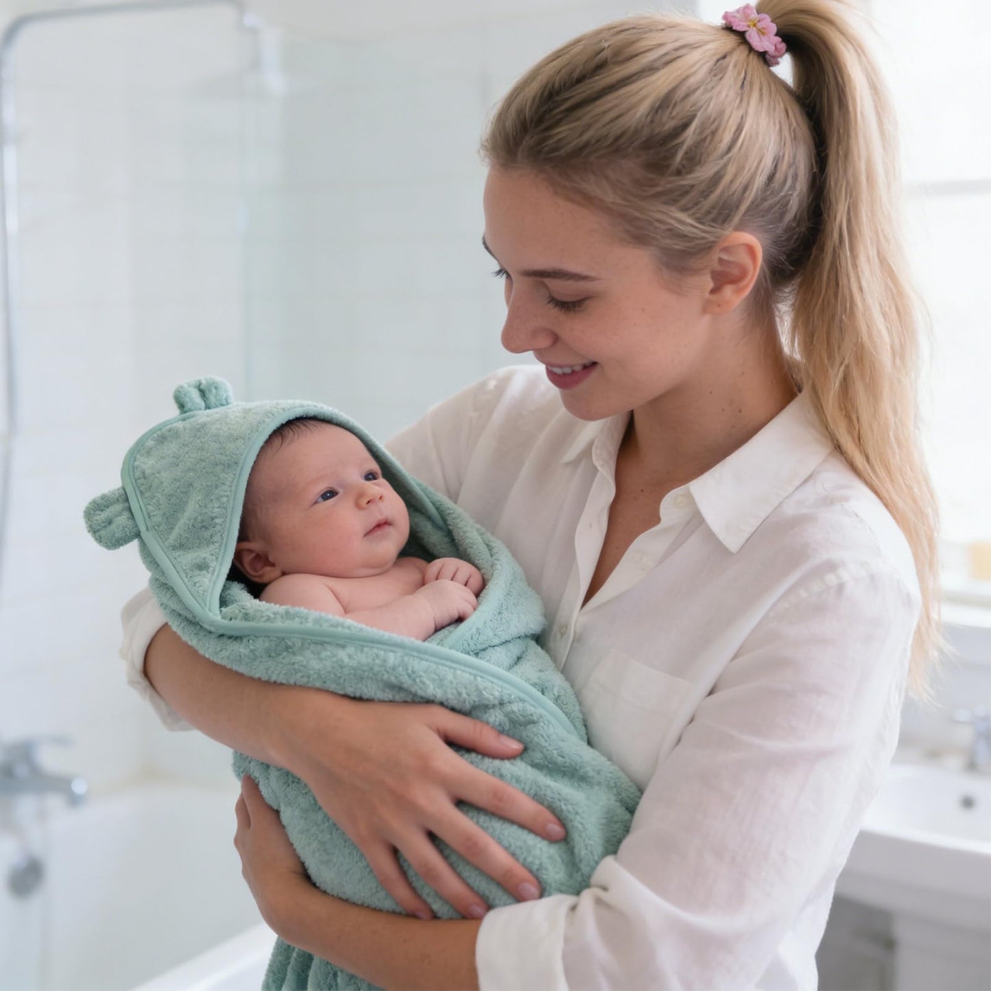 LifeTree 1 Pack Baby Hooded Towel with 1 Pack Washcloth for Newborn, 100% Cotton Bath Towel for Babies, Infant, Toddler and Kids, Thick,Soft and Absorbent, 30 * 30 Inches, Newborn Essentials, Pink