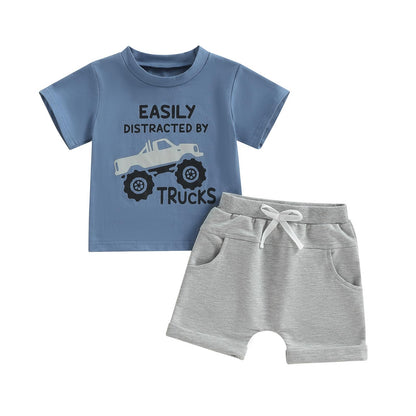 WZTYYDS Toddler Baby Boy Summer Clothes 2T 3T 4T 5T Boys Outfit Letter Truck Short Sleeve T-Shirt Tops + Shorts Set