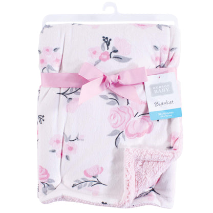 Hudson Baby Unisex Baby Plush Mink and Sherpa Blanket, Pink Floral, One Size