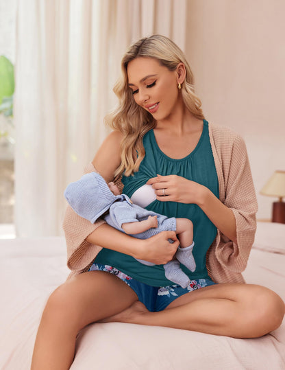 Ekouaer Women Maternity Nursing Pajama Set Breastfeeding Double Layer Pregnancy Pjs Set Sleeveless Top & Shorts with Pockets