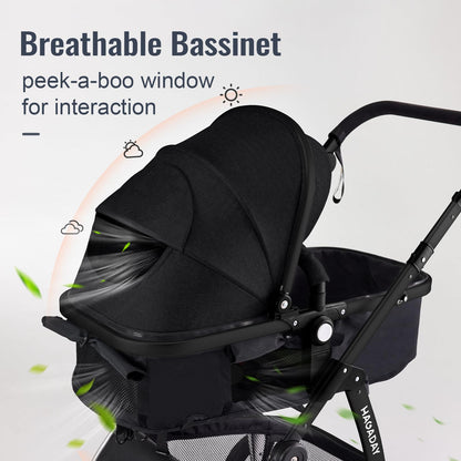 Hagaday Baby Stroller, 2-in-1 Reversible Toddler Seat with Bassinet Mode, Foldable Infant Stroller with Canopy, One Button Brake, Adjustable Handle, Newborn Pushchair(Blue)