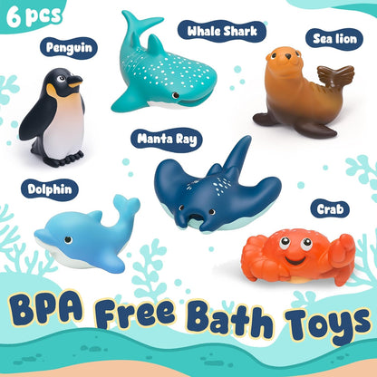 6-Pcs Ocean Bath Toys for Toddlers 1-3, No Hole Mold Free Bathtub Toys, Whale Shark Dolphin Penguin Sea Animal Set for Baby Bath Time or Pool Water Play