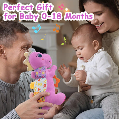 Baby Dino Plush Soft Stuffed Animal Toy for 0-3-6-12+ Months,Infant Musical Toy with Rattle,Squeaker,Sensory Crinkle,Teether & Textures,Tummy Time Toys Christmas Baby Gift for Newborn Girl Boy (Blue)