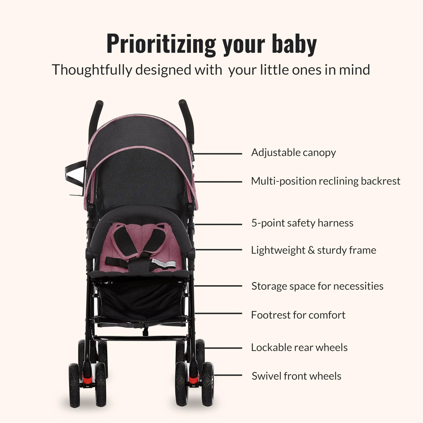 Dream On Me Vista Moonwalk Baby Stroller, Lightweight Travel Umbrella Stroller with Compact Fold, Smooth Ride Wheels, Multi-Position Recline, Spacious Storage Basket with Cup Holder, Light Gray