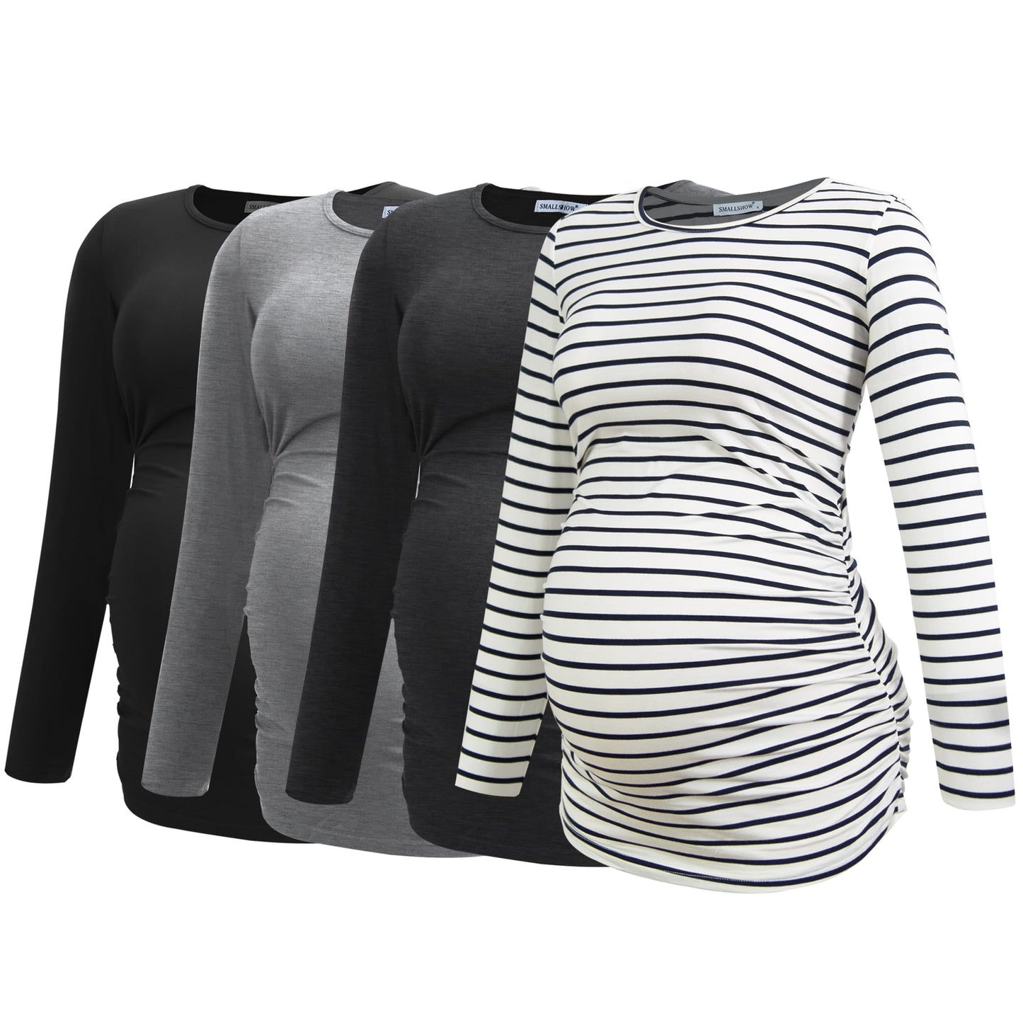 Smallshow Women's 4 Pack Maternity Shirts Long Sleeve Ruched Pregnancy Clothes Tops