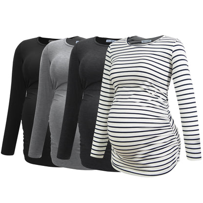 Smallshow Women's 4 Pack Maternity Shirts Long Sleeve Ruched Pregnancy Clothes Tops