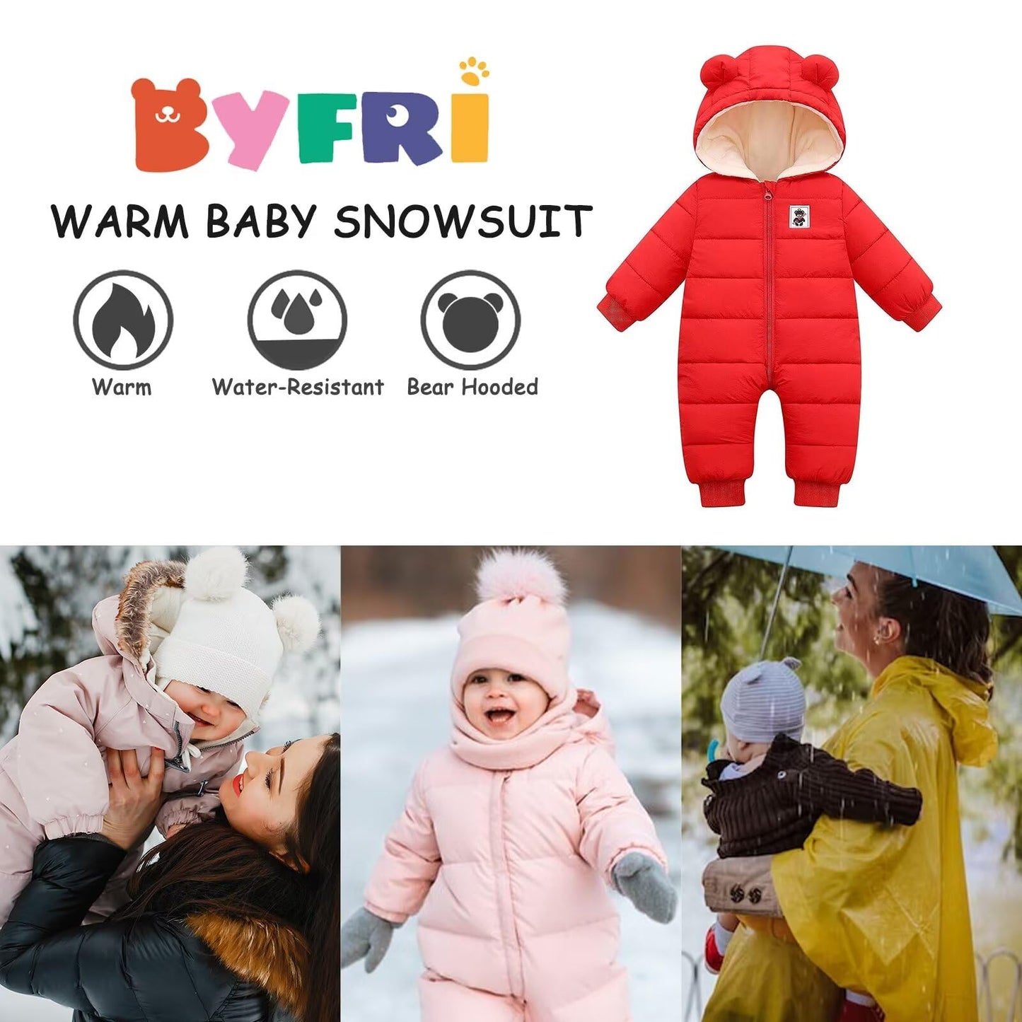 BYFRI Baby Boys Girls Snowsuit Newborn Cozy Winter Coat Infant Bear Hooded Jumpsuit Toddler Snow Outfit for 0-24 Months