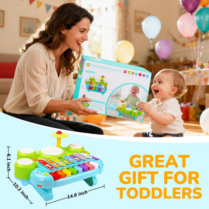 Baby Piano Drum Set for Toddlers 1-3, Musical Toys 3 In 1 Baby DJ Table Piano Keyboard Xylophone Instruments for 1 2 Year Old Boys Girls Music & Light Activity Table 6-12-18 Months Old Birthday Gifts
