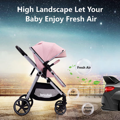 Lortsybab 2-in-1 Baby Stroller - Folding Infant Newborn Pram Stroller with Reversible Seat - Toddler Strollers for 0-36 Months Old Babies (Beige)