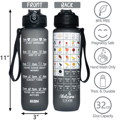 Pregnancy Water Bottle Tracker(Black), 1st Trimester Must Haves Gift for First Time Moms, with 2 Different Weekly Stickers, Early Essentials Gifts for Pregnant Women, Maternity, BPA Free