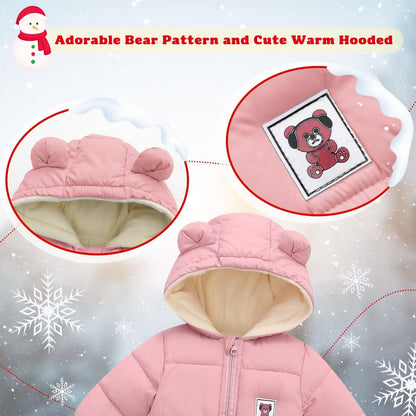 BYFRI Baby Boys Girls Snowsuit Newborn Cozy Winter Coat Infant Bear Hooded Jumpsuit Toddler Snow Outfit for 0-24 Months
