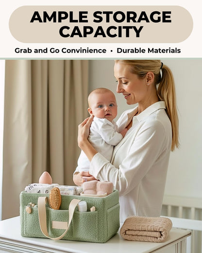 Baby Diaper Caddy Organizer with Portable Changing Mat - Teddy Fleece Diaper Organizer for Changing Table - Basket for Changing Essentials - Baby Essentials Organizer with Removable Dividers
