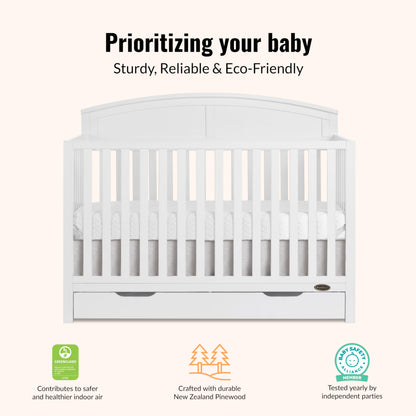 Dream On Me Storybrooke 5-in-1 Convertible Full-Size Crib with Under Drawer, White, GreenGuard Gold & JPMA, Convert to Toddler, Day & Full-Size Bed, 3 Mattress Heights, Sustainable Pinewood