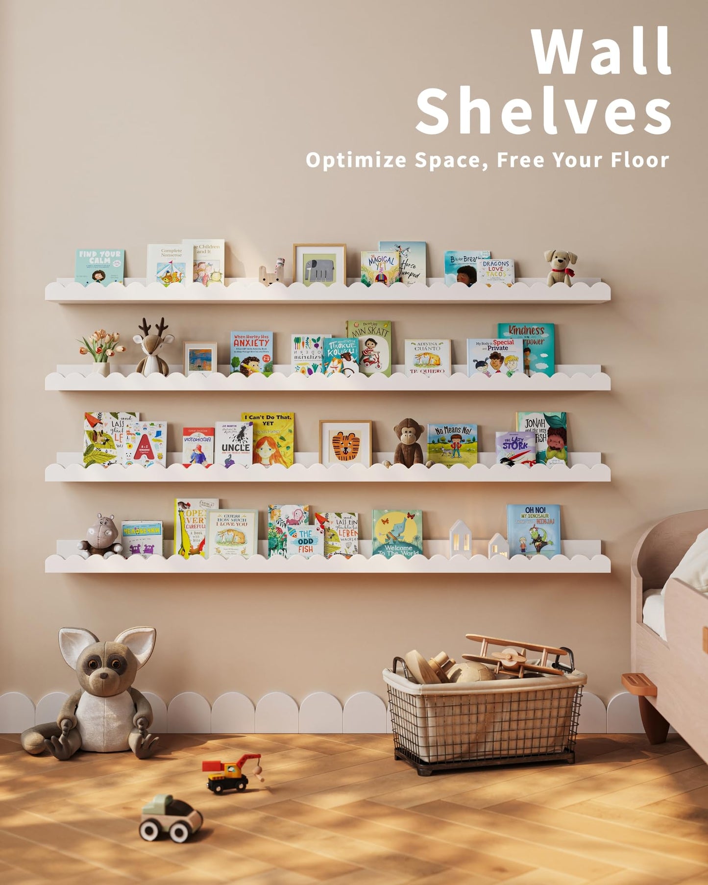 Shario Nursery Book Shelves, 4-Pack White Floating Shelves for Wall Kids, Scalloped Shelves, Wall Book Shelves for Bedroom Kids, Toddler Room, Baby Room, Nursery Decor