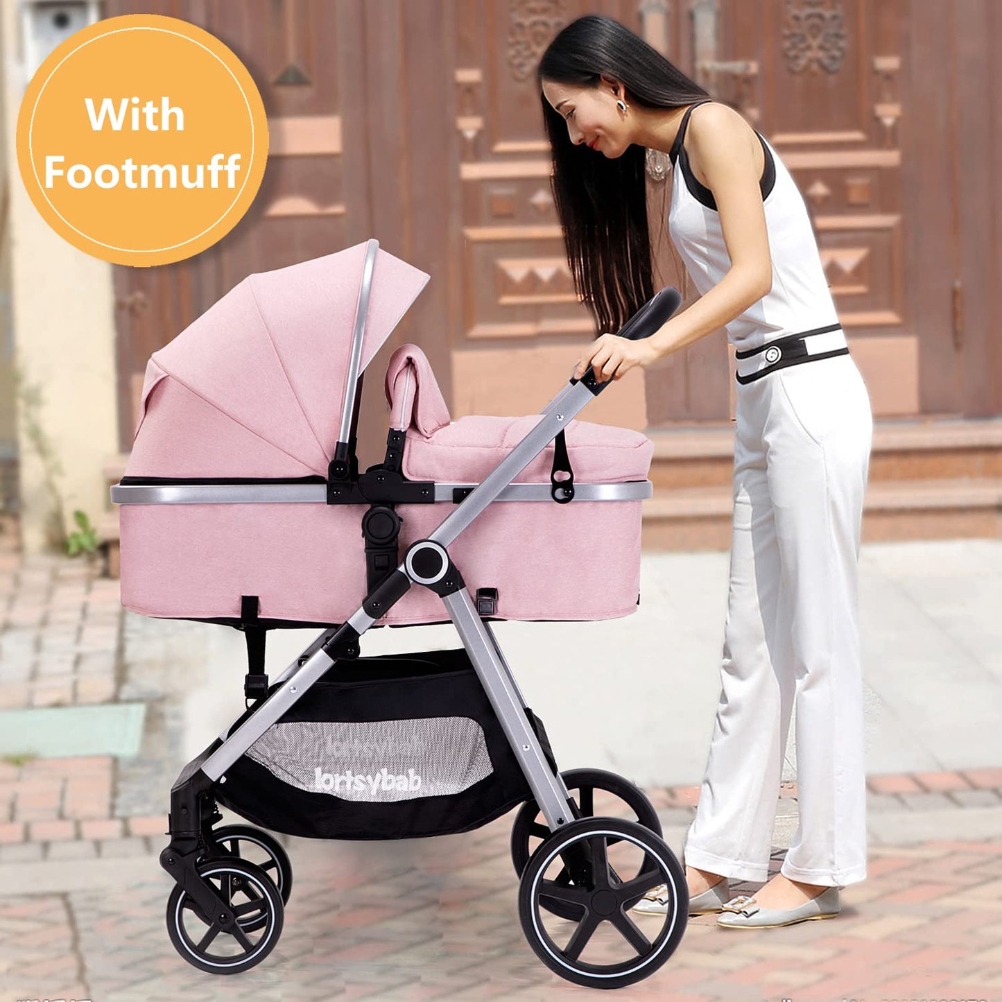 Lortsybab 2-in-1 Baby Stroller - Folding Infant Newborn Pram Stroller with Reversible Seat - Toddler Strollers for 0-36 Months Old Babies (Beige)
