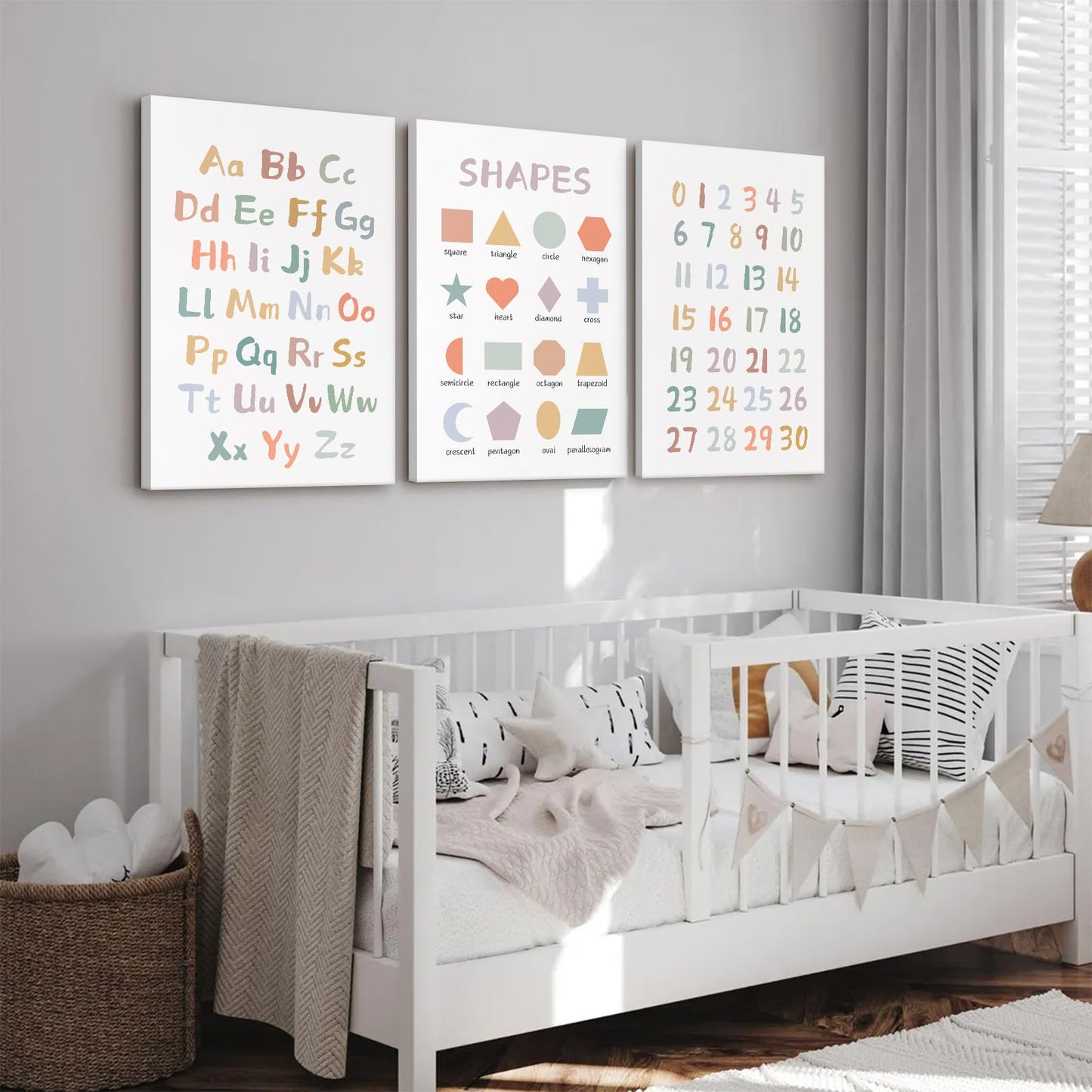 Kids Playroom Wall Art Decor Nursery ABC Alphabet Poster Play Room Canvas Wall Decor Toddler Childrens Educational Artwork Numbers Shapes Prints ABC Picture for Playroom 12x16 Inch Unframed Set of 3