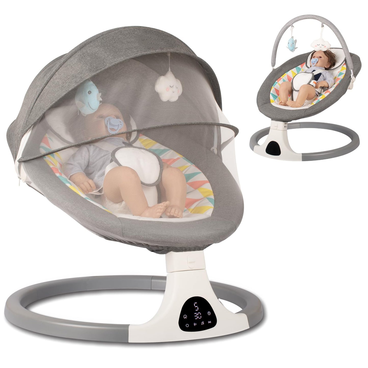 JFOVMCYG Electric Baby Swing for Infants and Toddlers, Portable Rocker with 5 Sway Speeds, Bluetooth Music, Remote Control, 10 Preset Melodies for Newborn Boy & Girl, 0-9 Months, Gray