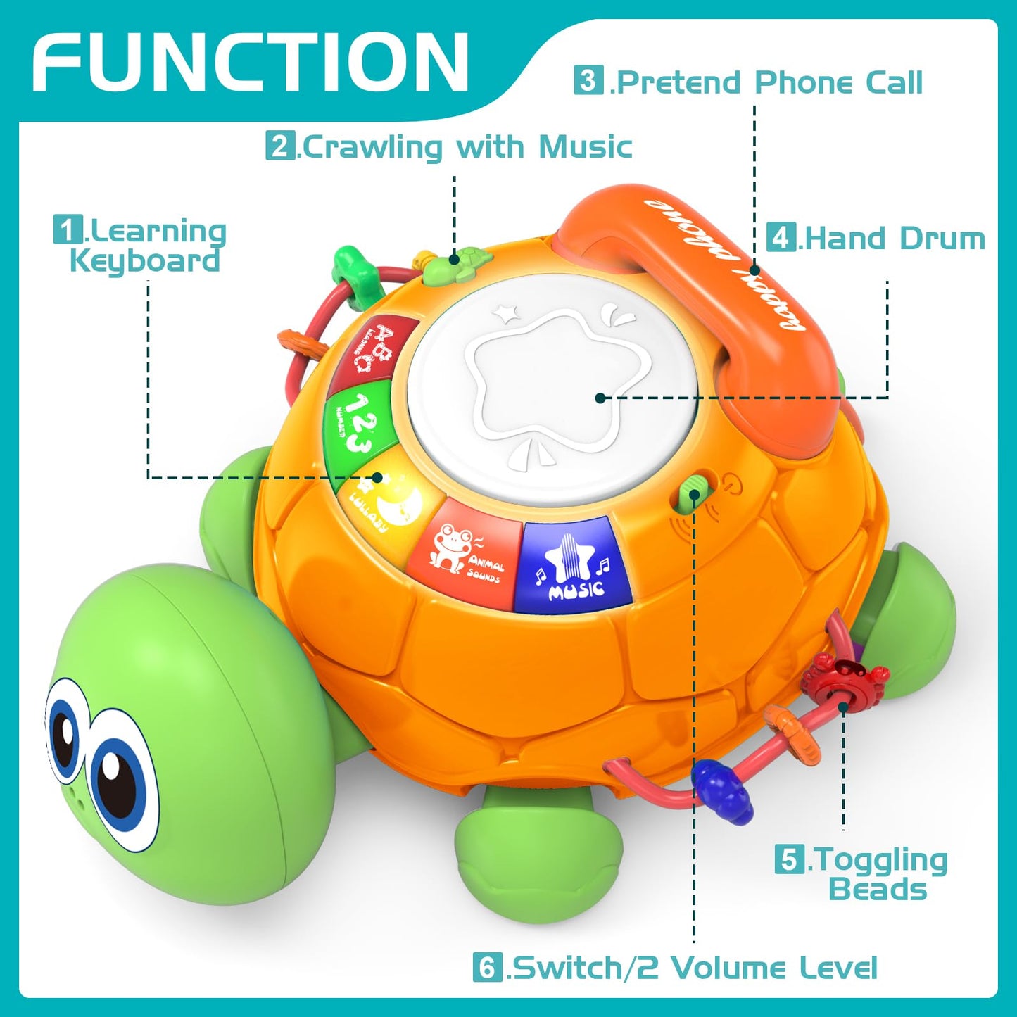 Jyusmile Baby Toys 6 to 12 Months, Musical Turtle Crawling Infant Toys, Early Learning Educational Toy with Light & Sound, Christmas Birthday Gifts for Boy Girl 7 8 9 10 11 Month 0-1 Year Old
