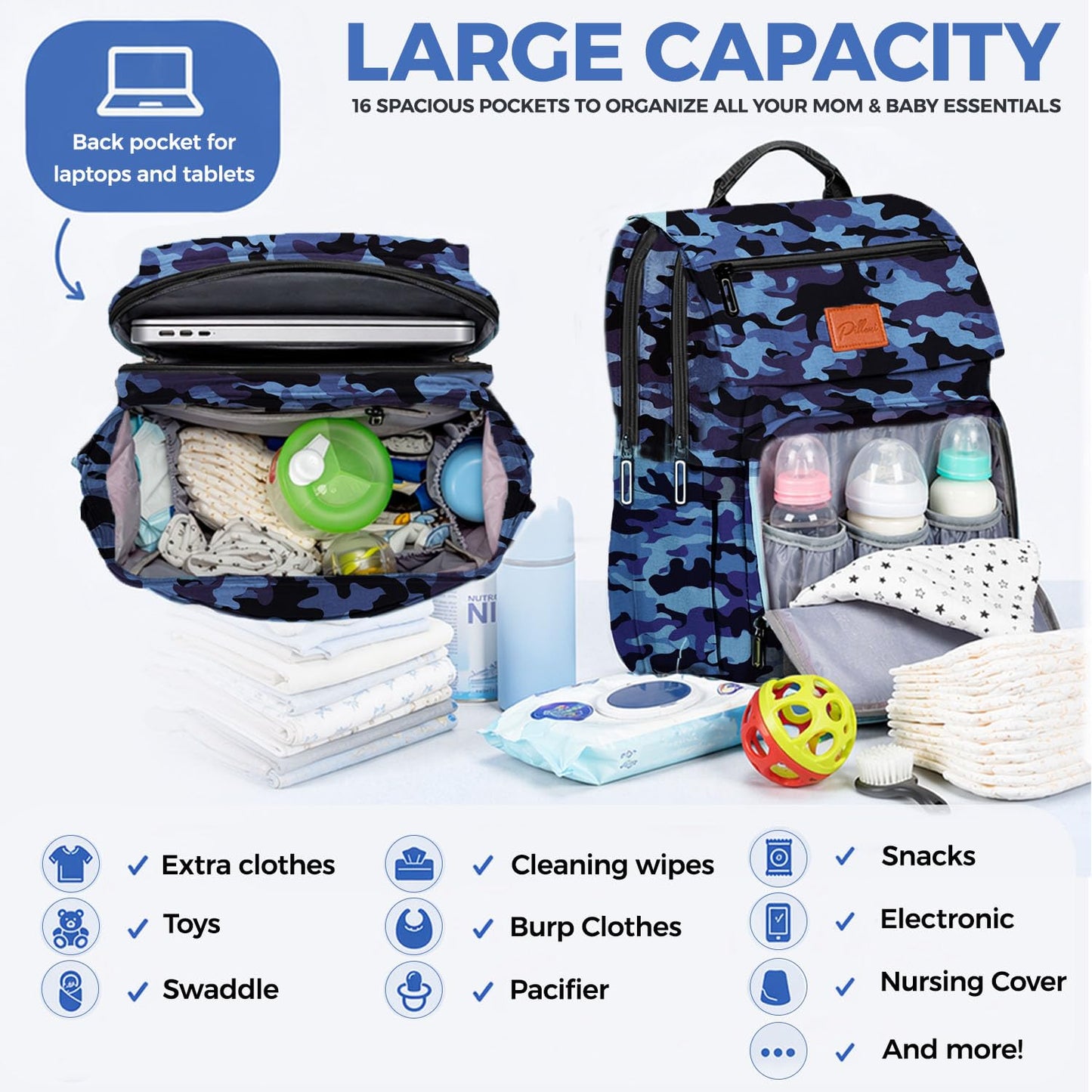 PILLANI Baby Diaper Bag Backpack - Baby Bag for Girls & Boys, Large Waterproof Toddler Diaper Backpack - Baby Shower Gifts & Registry Must Haves - Travel Diaper Bags with Changing Pad - Newborn Stuff