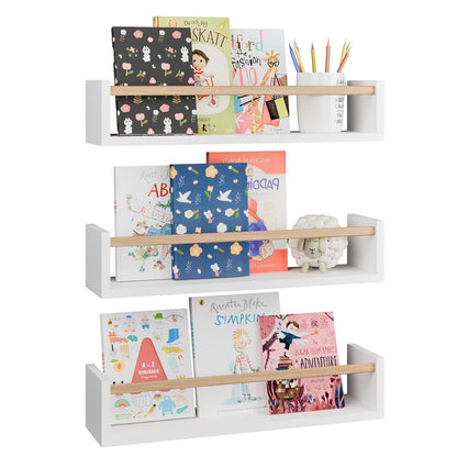 Fixwal Nursery Book Shelves, 16.5 Inch Floating Bookshelves for Wall Set of 3, Baby Nursery Decor, Solid Wood Wall Mounted Shelves for Books, Toys and Decor Storage (Brown)