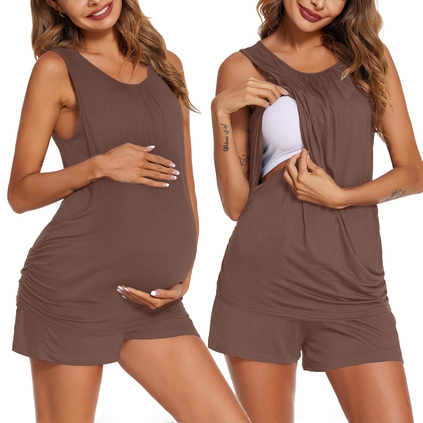 Ekouaer Women Maternity Nursing Pajama Set Breastfeeding Double Layer Pregnancy Pjs Set Sleeveless Top & Shorts with Pockets